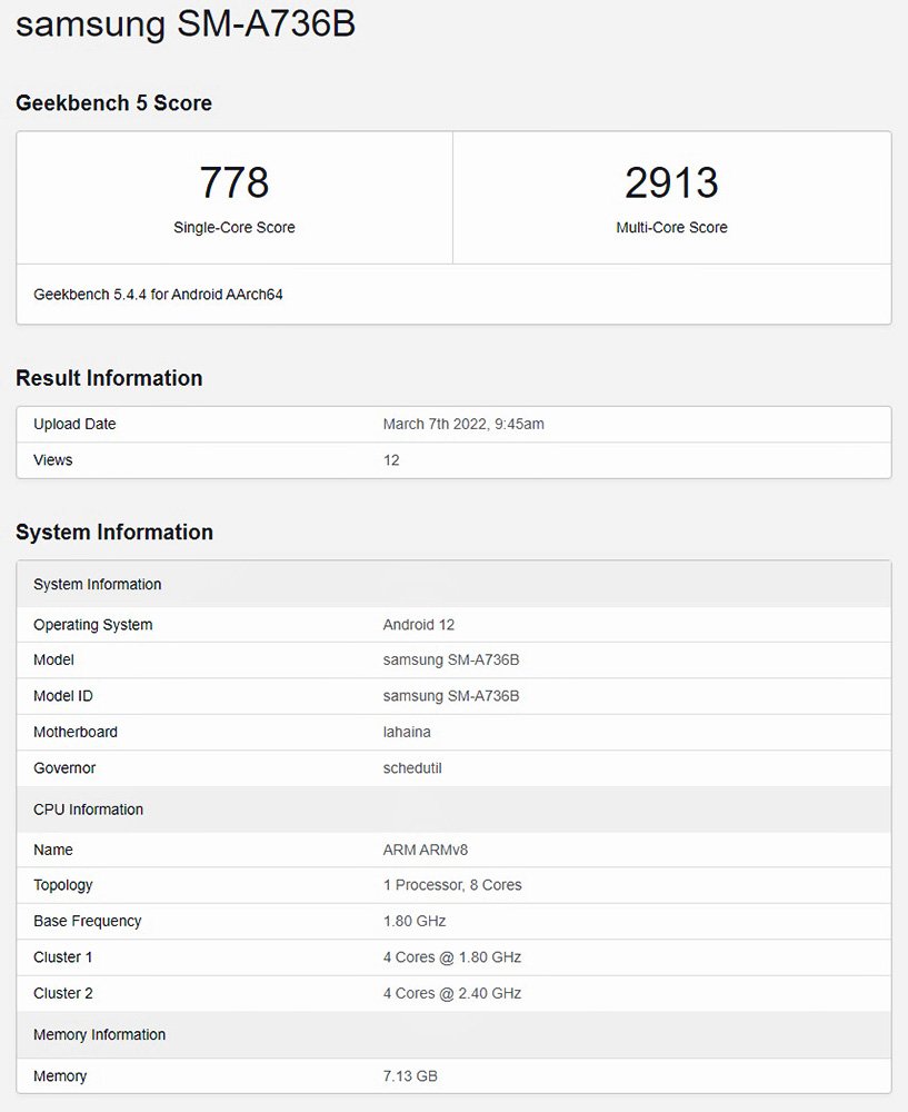 Geekbench shows a Snapdragon 778G processor in the Samsung Galaxy A73