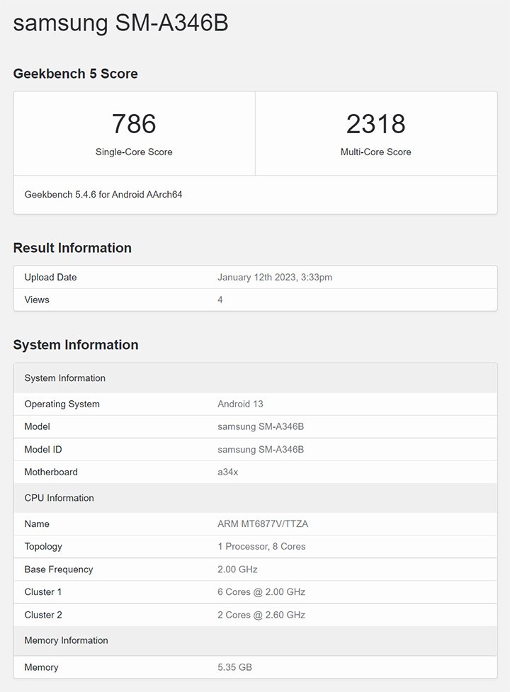 Specifications of the Samsung Galaxy A34 5G have spotted on Geekbench. ফোনটির ইউরোপীয় ভেরিয়েন্টটির স্পেসিফিকেশন Geekbench-এ প্রকাশ পেয়েছে