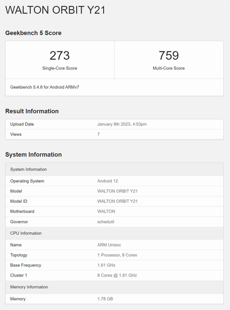Walton Orbit Y21 smartphone has been spotted on Geekbench with a 1.61GHz Unisoc processor