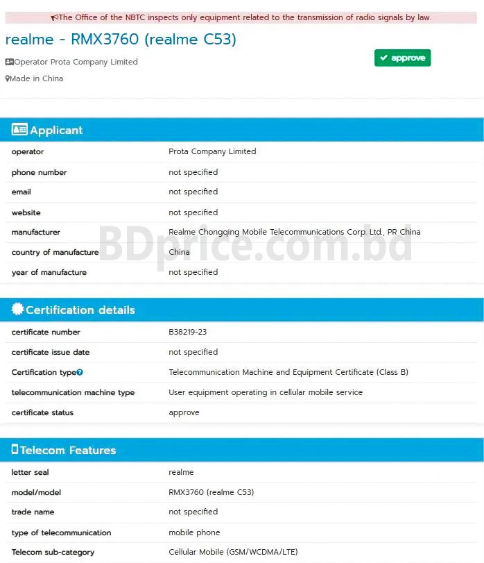 Realme C53 Spotted On The NBTC